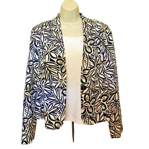 Jones Wear Floral Jacket 12 Black White Stretch Long Sleeve Single Button Lined - Picture 2 of 10